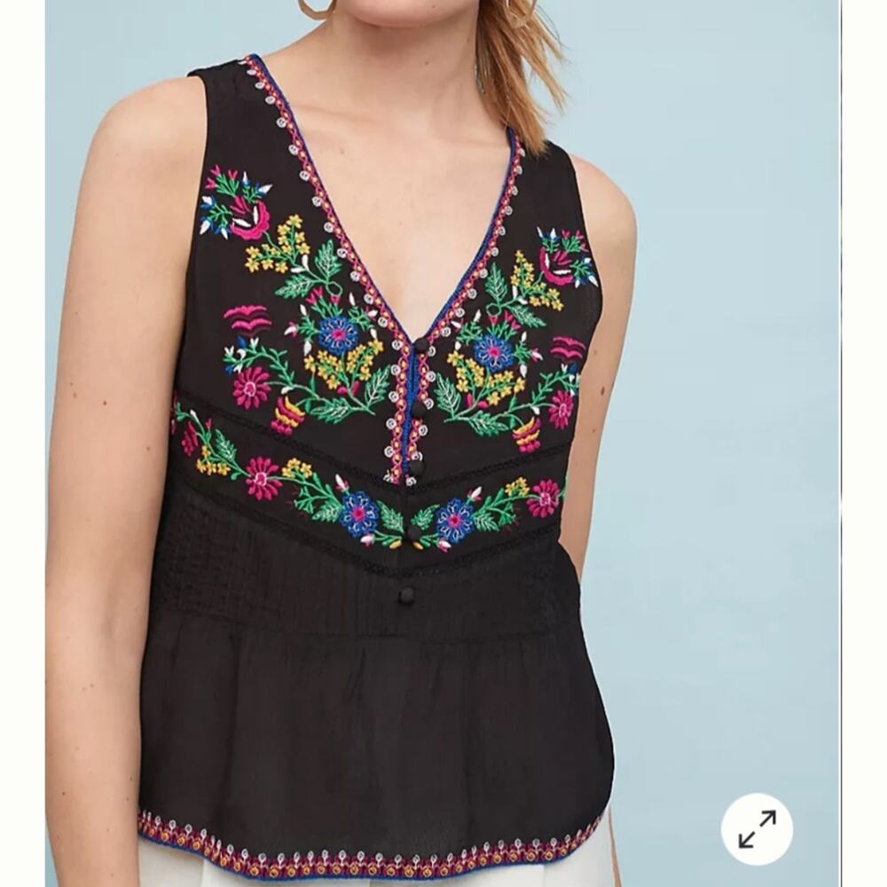 NWT Anthropologie top Carlotta embroidered blouse v neck floral boho black